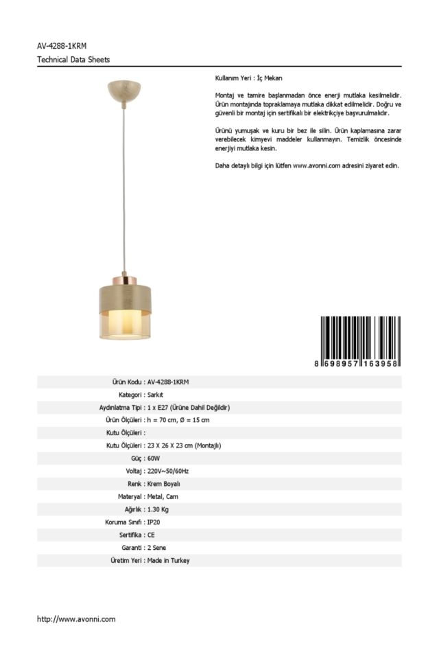 Cabin Modern Avize E27 12W 15cm Metal Krem Avonni-AV-4288-1KRM