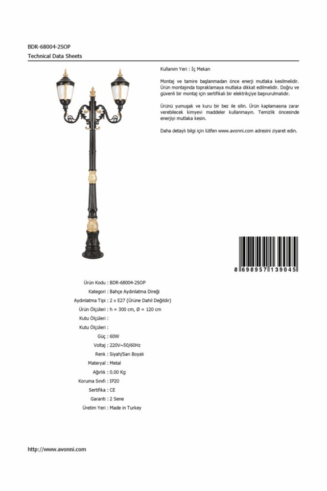 Bahçe Direkleri E27 24W 120cm Alüminyum Sarı/Siyah Dorbien-BDR-68004-2SOP