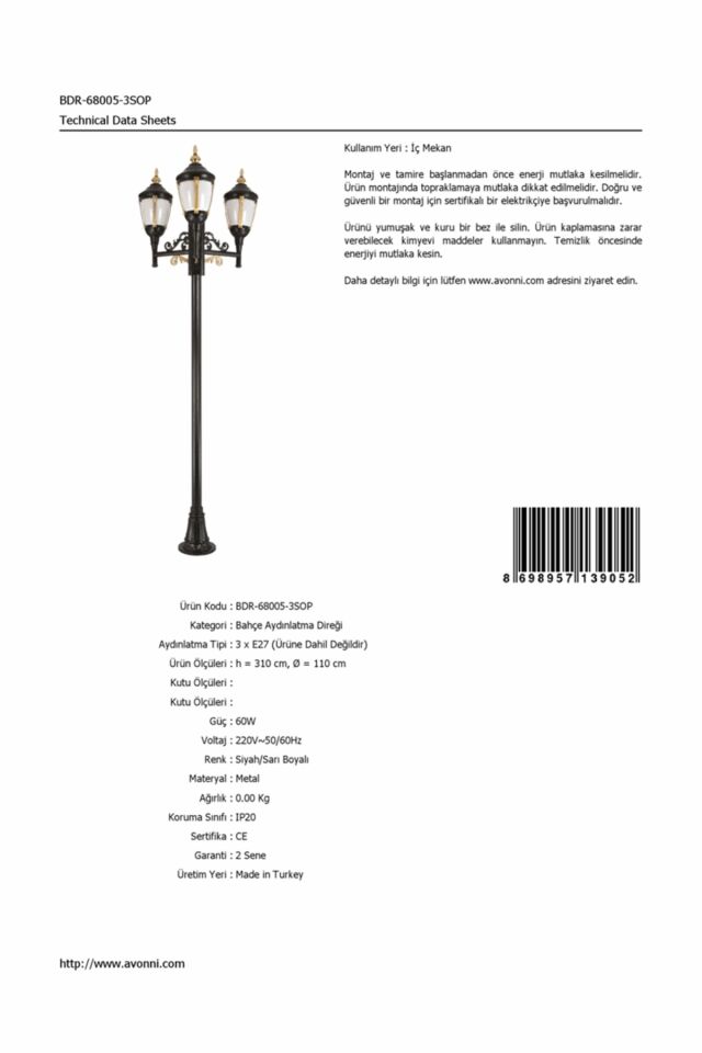 Bahçe Direkleri E27 36W 110cm Alüminyum Sarı/Siyah Dorbien-BDR-68005-3SOP