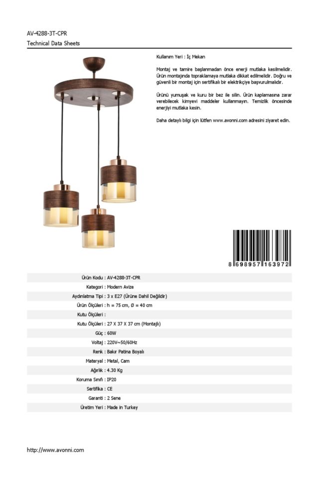 Cabin Modern Avize E27 36W 40cm Metal Bakır Patina Avonni-AV-4288-3T-CPR