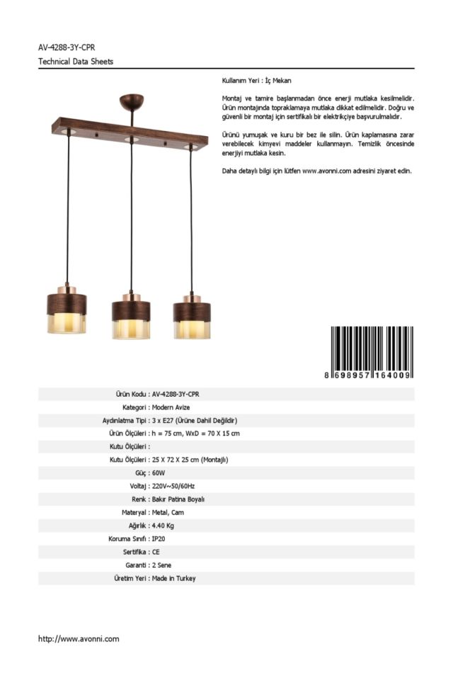 Cabin Modern Avize E27 36W 70x15cm Metal Bakır Patina Avonni-AV-4288-3Y-CPR