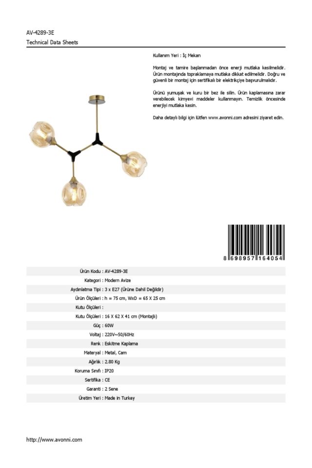 Hücre Modern Avize E27 36W 65x25cm Metal Eskitme Dorbien-AV-4289-3E