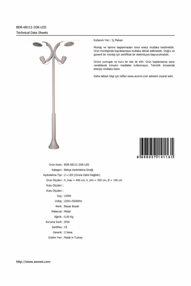 Bahçe Direkleri LED 150W 140cm Çelik Boru Beyaz Dorbien-BDR-68111-2GR-LED