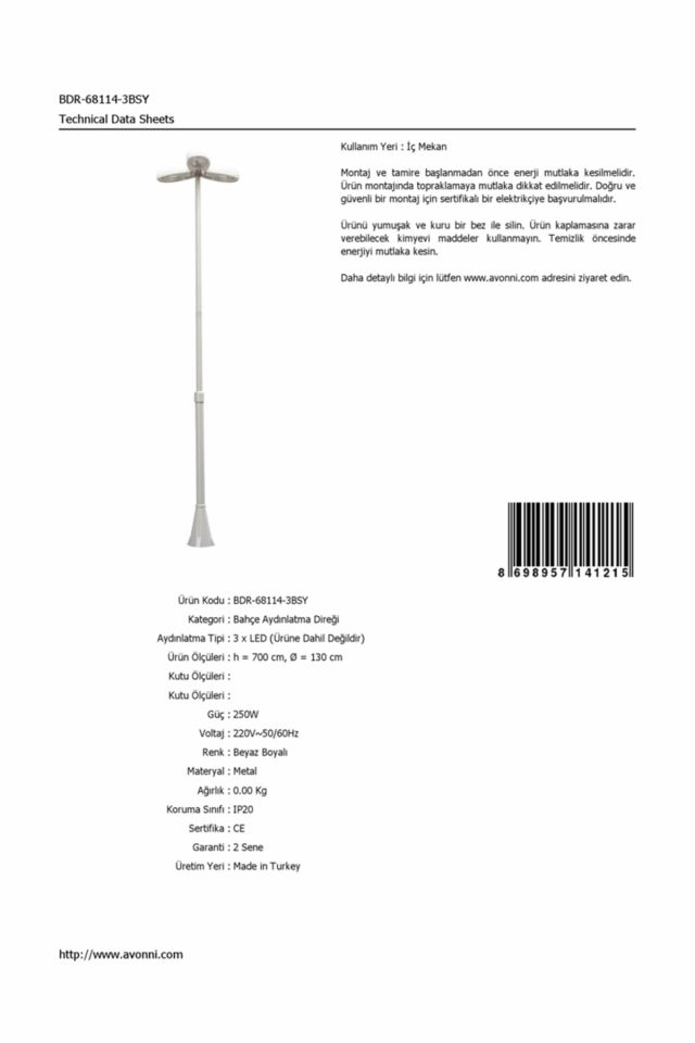 Bahçe Direkleri LED 250W 130cm Çelik Boru Beyaz Dorbien-BDR-68114-3BSY