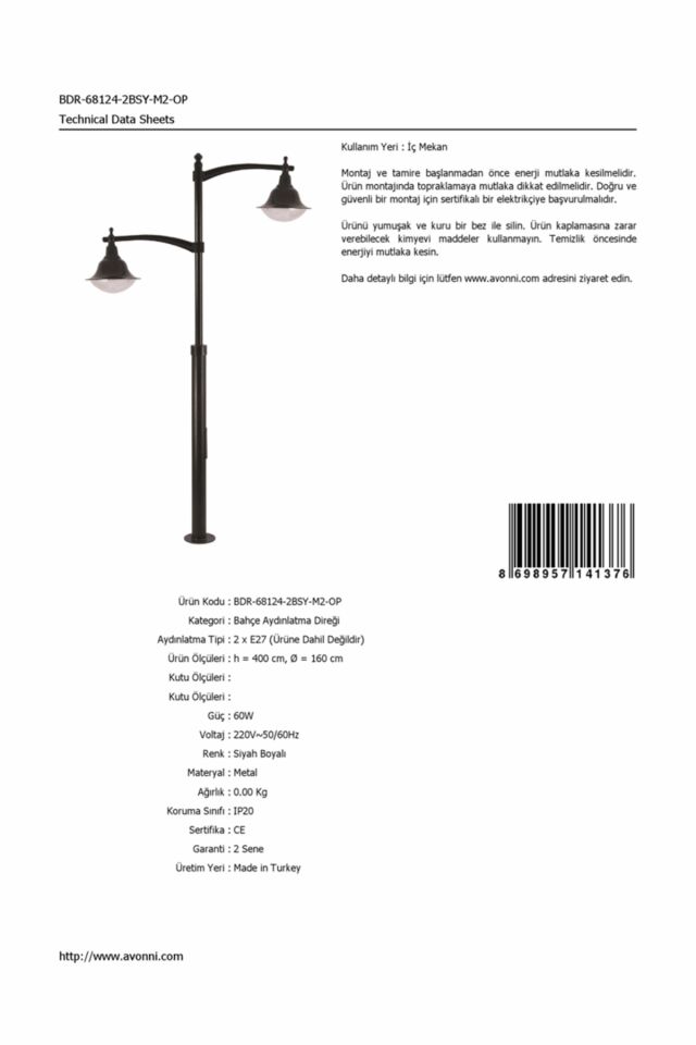 Bahçe Direkleri E27 24W 160cm Çelik Boru Siyah Dorbien-BDR-68124-2BSY-M2-OP