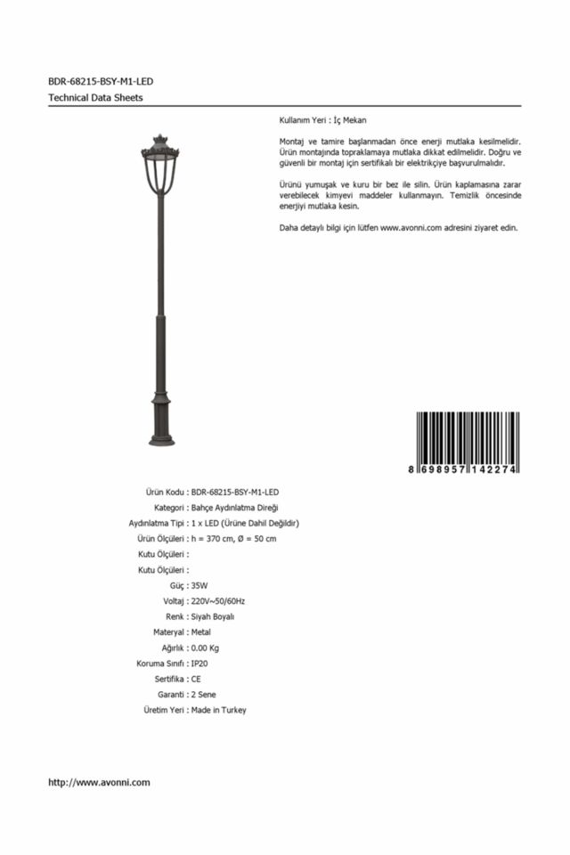 Bahçe Direkleri LED 35W 50cm Çelik Boru Siyah Dorbien-BDR-68215-BSY-M1-LED