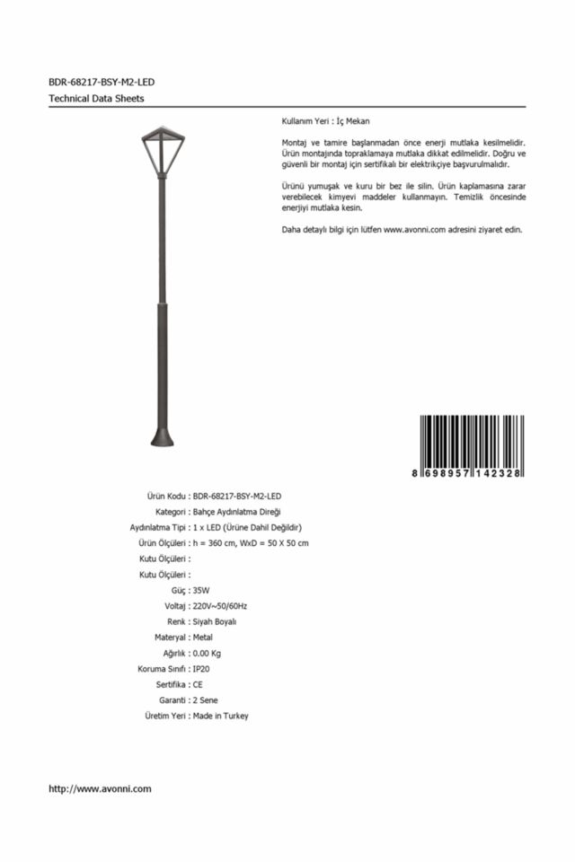 Bahçe Direkleri LED 35W 50x50cm Çelik Boru Siyah Dorbien-BDR-68217-BSY-M2-LED