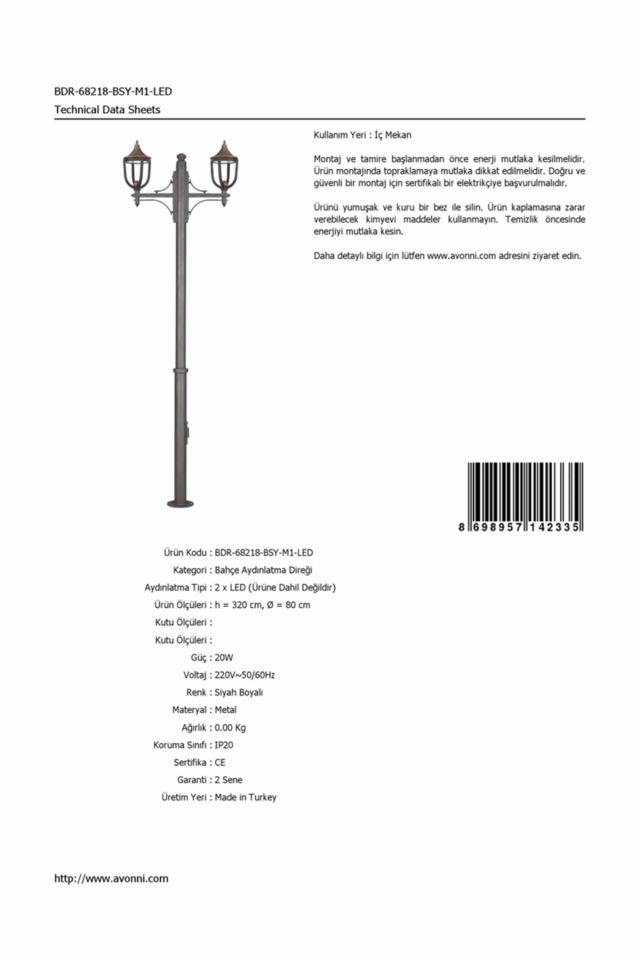 Bahçe Direkleri LED 20W 80cm Çelik Boru Siyah Dorbien-BDR-68218-BSY-M1-LED