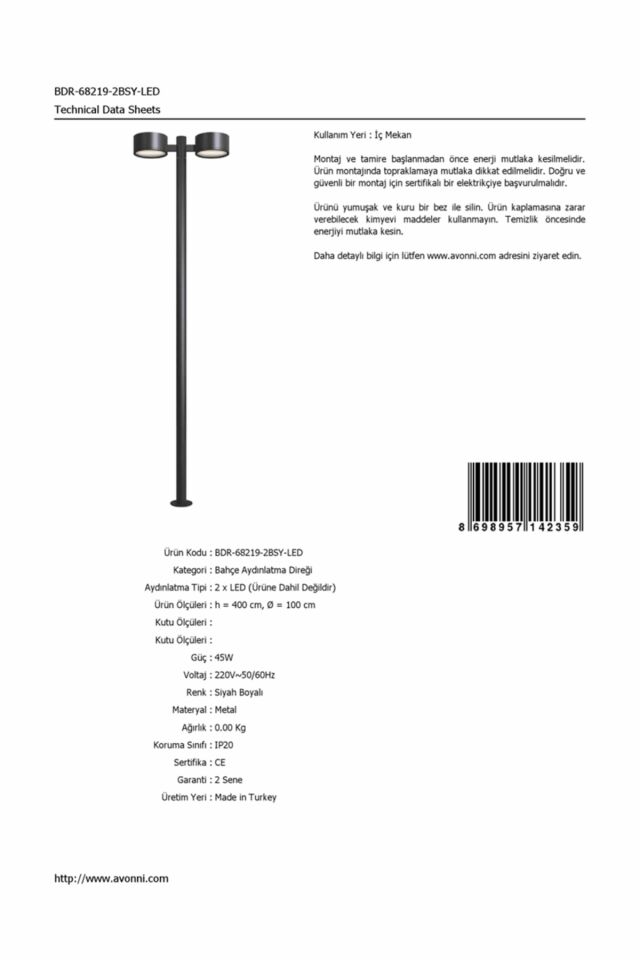 Bahçe Direkleri LED 45W 100cm Çelik Boru Siyah Dorbien-BDR-68219-2BSY-LED