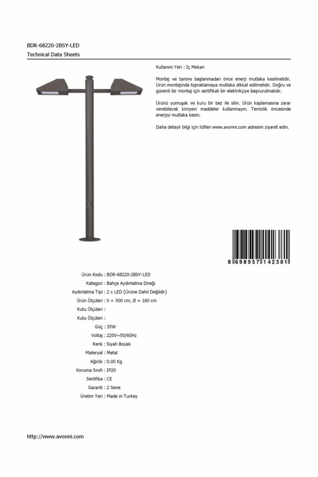 Bahçe Direkleri LED 35W 160cm Çelik Boru Siyah Dorbien-BDR-68220-2BSY-LED