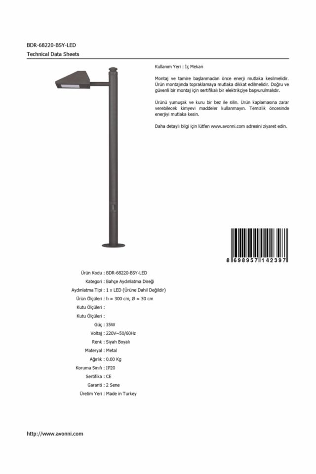 Bahçe Direkleri LED 35W 30cm Çelik Boru Siyah Dorbien-BDR-68220-BSY-LED