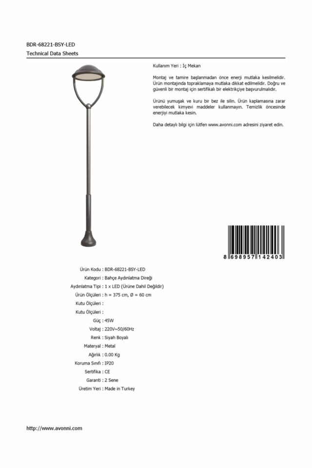 Bahçe Direkleri LED 45W 60cm Çelik Boru Siyah Dorbien-BDR-68221-BSY-LED