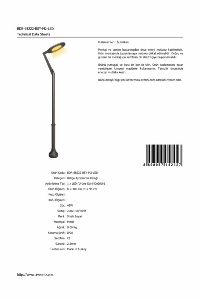 Bahçe Direkleri LED 45W 95cm Çelik Boru Siyah Dorbien-BDR-68222-BSY-M2-LED