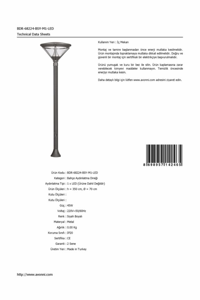 Bahçe Direkleri LED 45W 70cm Çelik Boru Siyah Dorbien-BDR-68224-BSY-M1-LED