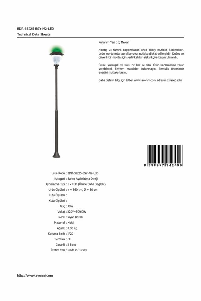 Bahçe Direkleri LED 30W 50cm Çelik Boru Siyah Dorbien-BDR-68225-BSY-M2-LED