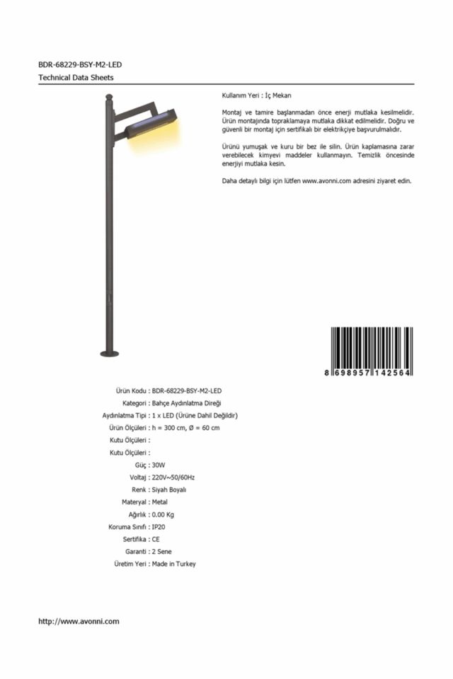 Bahçe Direkleri LED 30W 60cm Çelik Boru Siyah Dorbien-BDR-68229-BSY-M2-LED