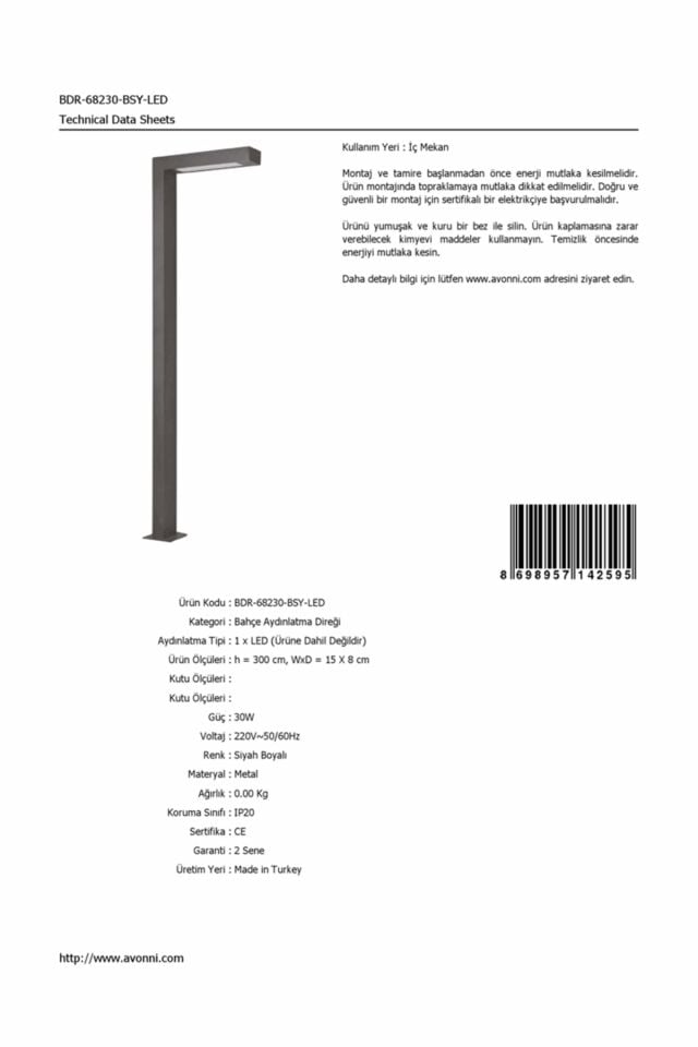 Bahçe Direkleri LED 30W 15x8cm Alüminyum Profil Siyah Dorbien-BDR-68230-BSY-LED