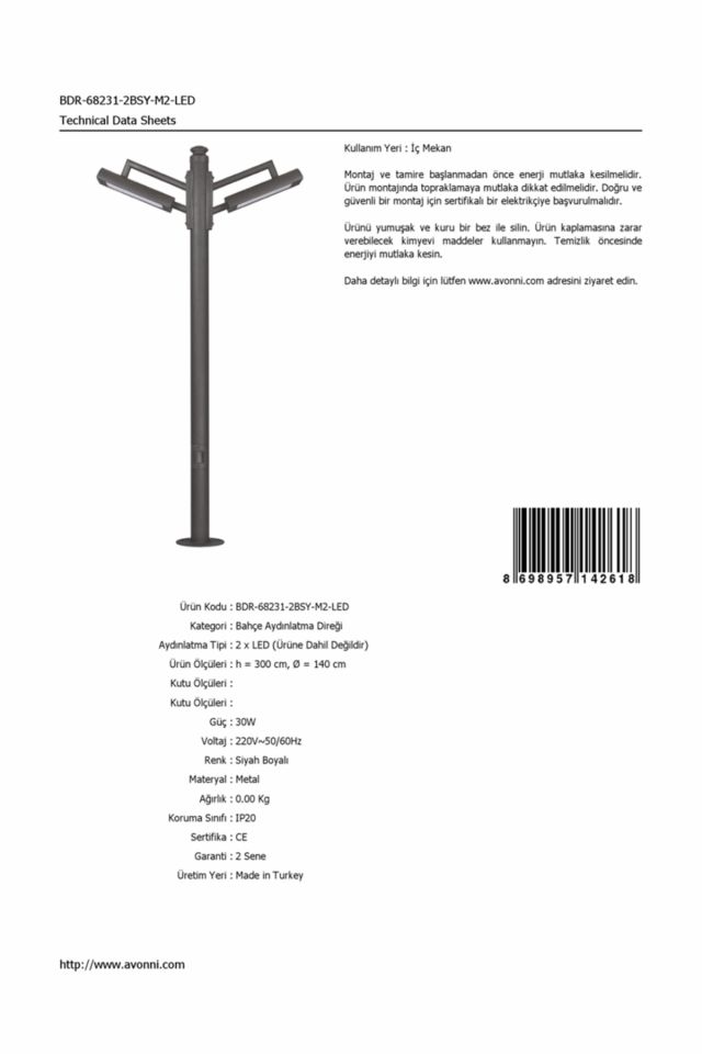 Bahçe Direkleri LED 30W 140cm Çelik Boru Siyah Dorbien-BDR-68231-2BSY-M2-LED