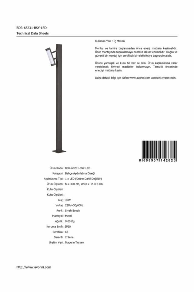 Bahçe Direkleri LED 30W 15x8cm Alüminyum Profil Siyah Dorbien-BDR-68231-BSY-LED